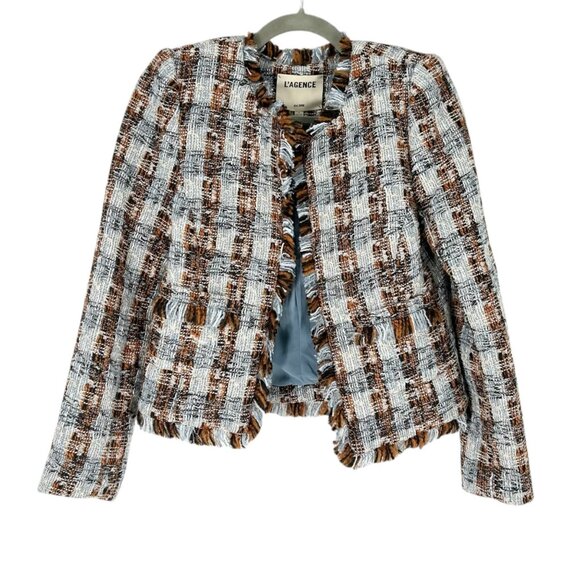 L'Agence Angelina Tweed Wool Blend Open Front Blazer in Blue/Orange Multi - Picture 3 of 9